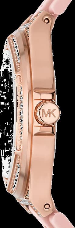 Cadran Michael Kors MK7334 avec index bâtons argentés, aiguilles dorées et date à 3h, design raffiné