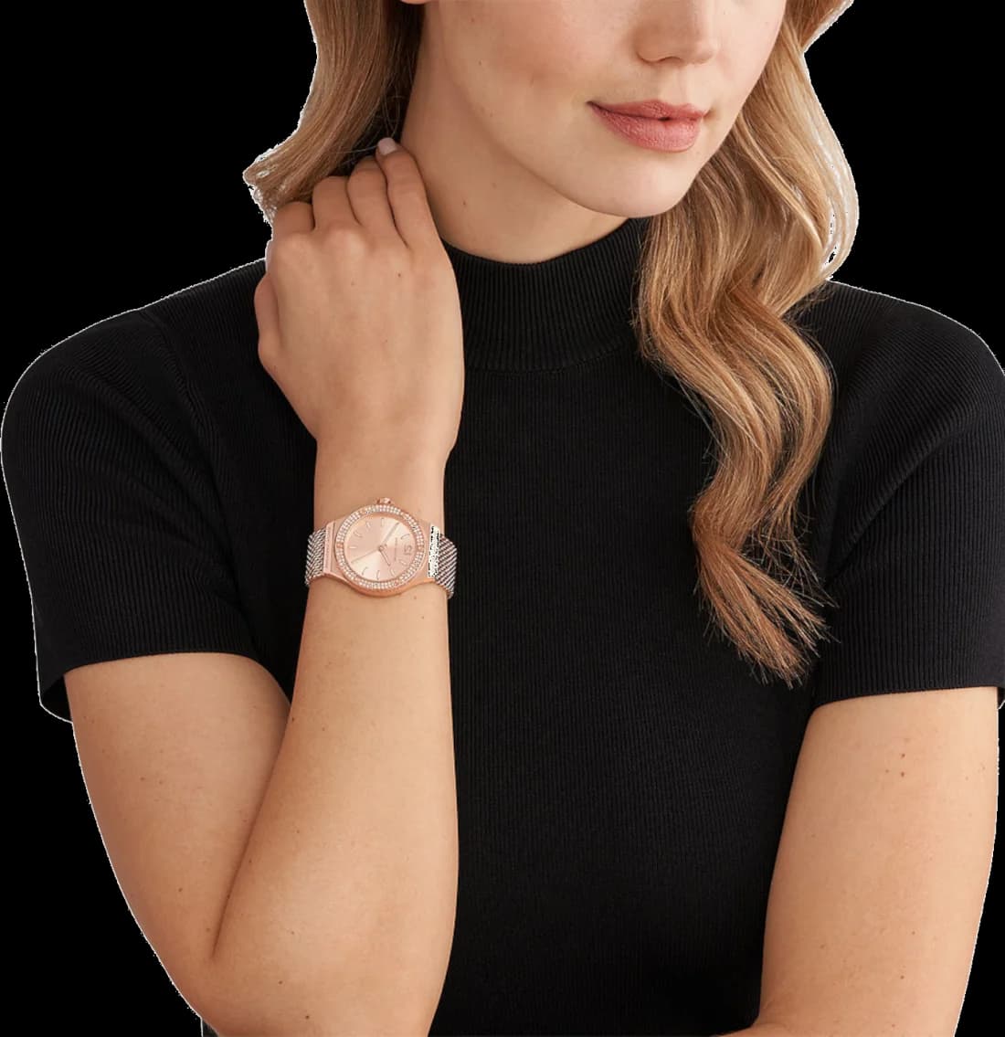 Boîtier Michael Kors MK7336 rond en acier doré rose, lunette lisse polie, profil fin et moderne