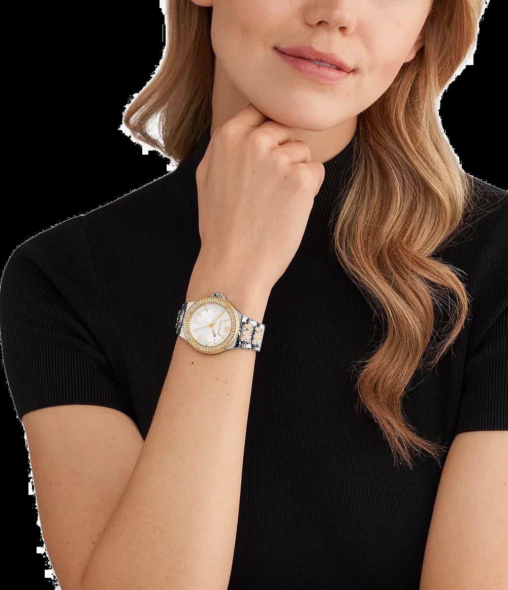 Boîtier Michael Kors MK7338 en acier bicolore, lunette lisse, profil fin et raffiné