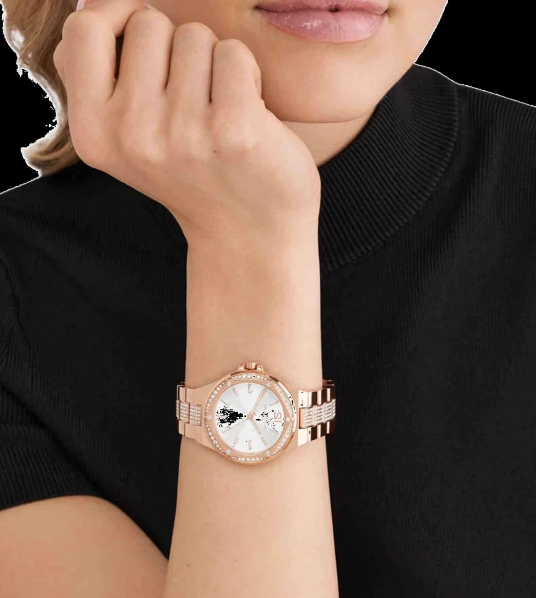Boîtier Michael Kors MK7362 rond en acier doré rose, lunette lisse, couronne crantée, étanche 50m