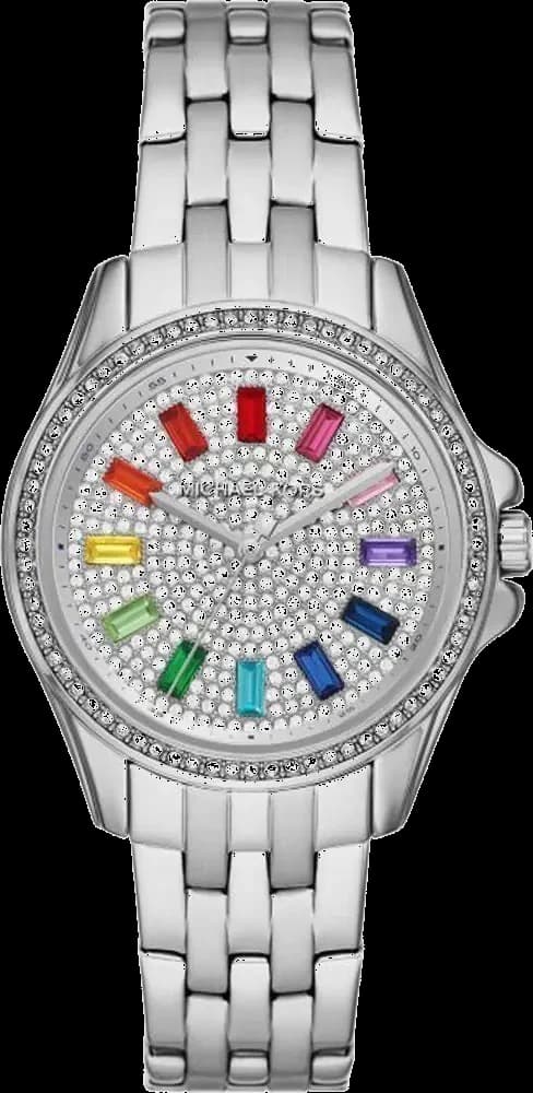 Montre Michael Kors MK7368 au cadran blanc orné de cristaux arc-en-ciel, aiguilles dorées et index baguettes