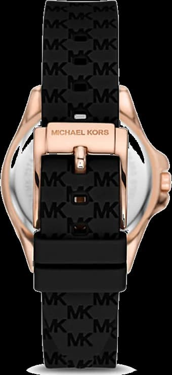 Bracelet Michael Kors MK7373 en silicone noir contrastant avec le boîtier doré, fermoir boucle ardillon