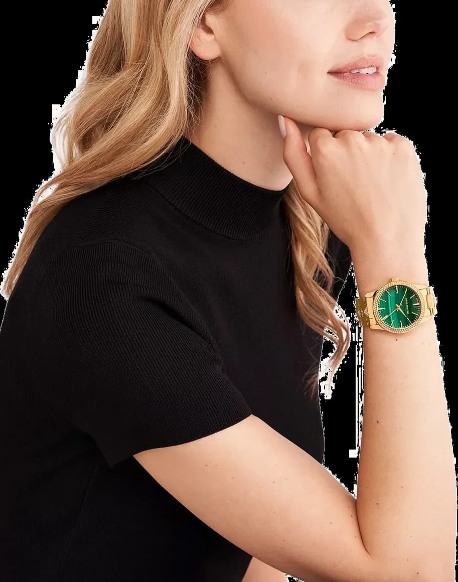 Boîtier Michael Kors MK7390 rond en acier doré, lunette sertie de cristaux, profil fin