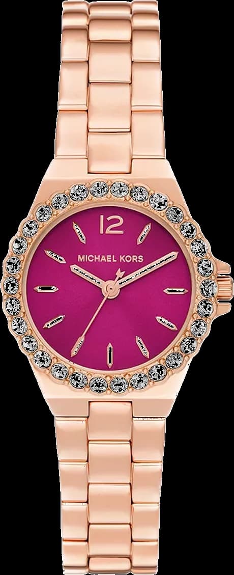 Montre Michael Kors MK7396 au cadran magenta soleil avec index dorés et aiguilles bâton, style chic et moderne
