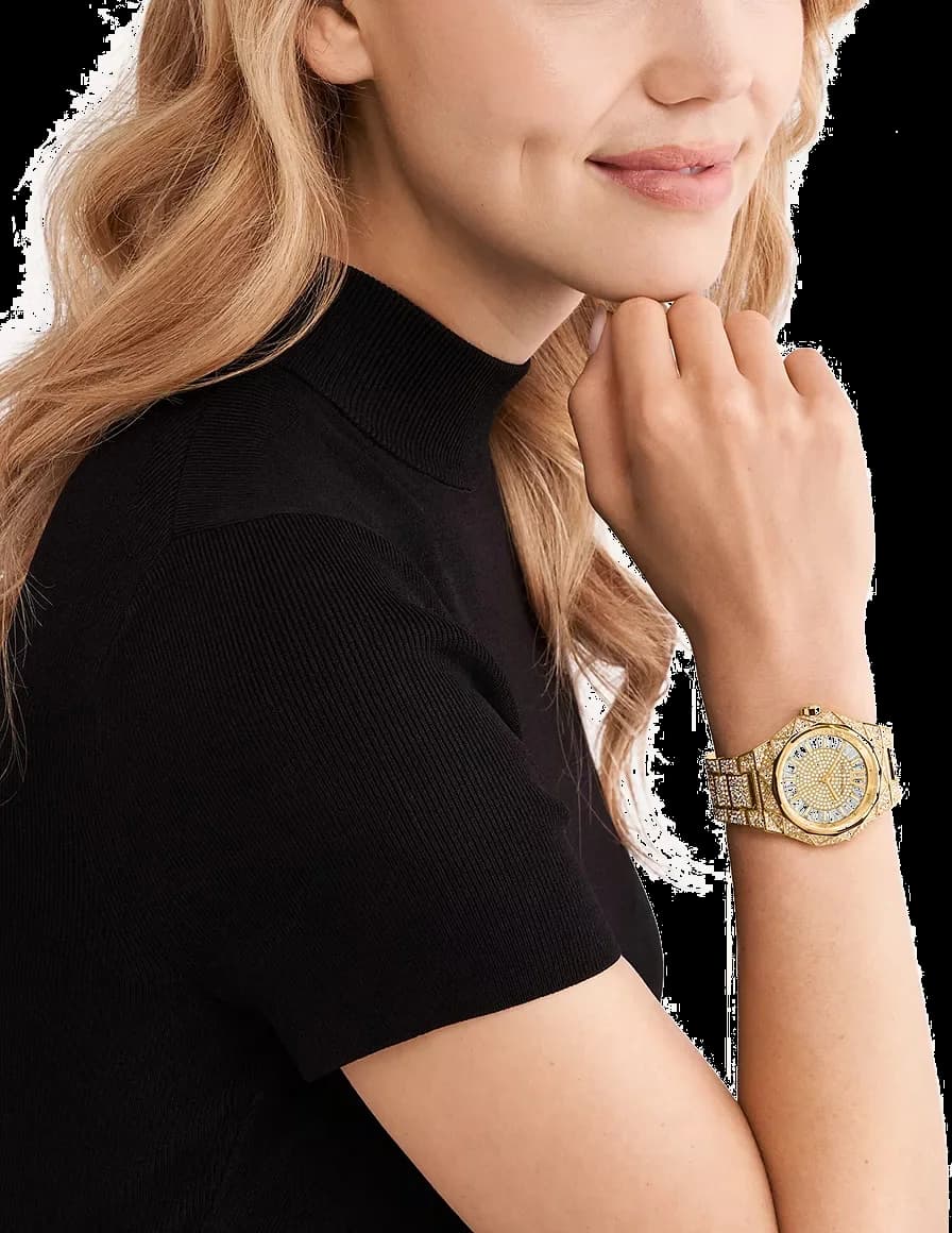 Boîtier Michael Kors MK7398 rond en acier doré, lunette pavée de cristaux, vue profil fin et raffiné