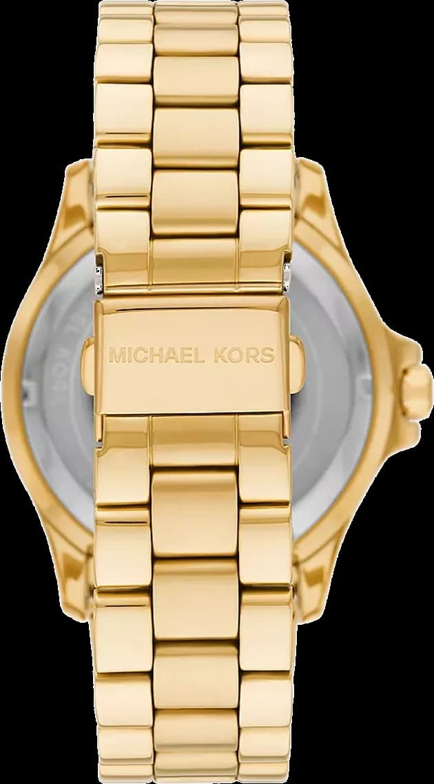 Cadran Michael Kors MK7401 blanc nacré avec index dorés, aiguilles bâtons et date à 3h, élégance intemporelle