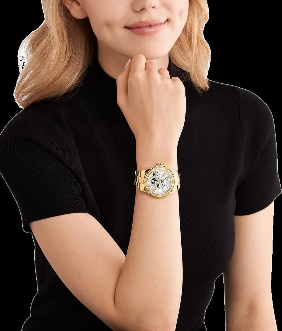 Boîtier Michael Kors MK7401 rond en acier doré, lunette lisse, verre minéral, profil fin et sophistiqué