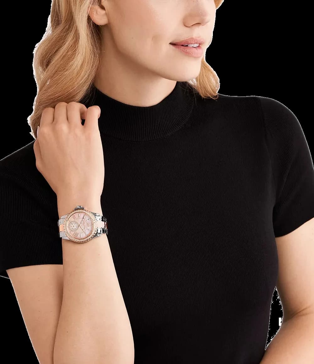 Boîtier Michael Kors MK7402 rond en acier bicolore, lunette lisse et couronne crantée