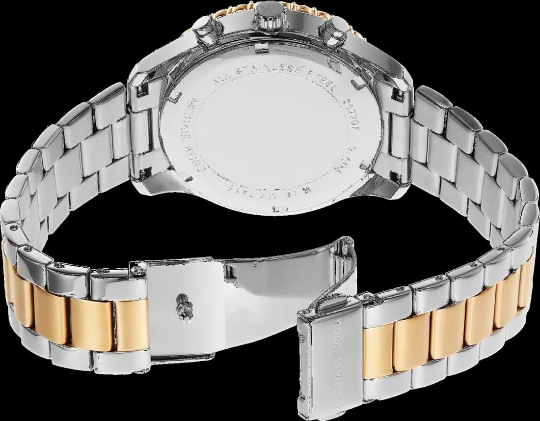 Cadran Michael Kors MK7415 affiche trois compteurs chronographe, aiguilles dorées et date à 4h