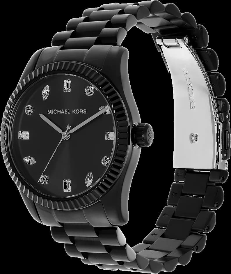 Cadran Michael Kors MK7442 noir pavé de cristaux, index et aiguilles dorés, complication date