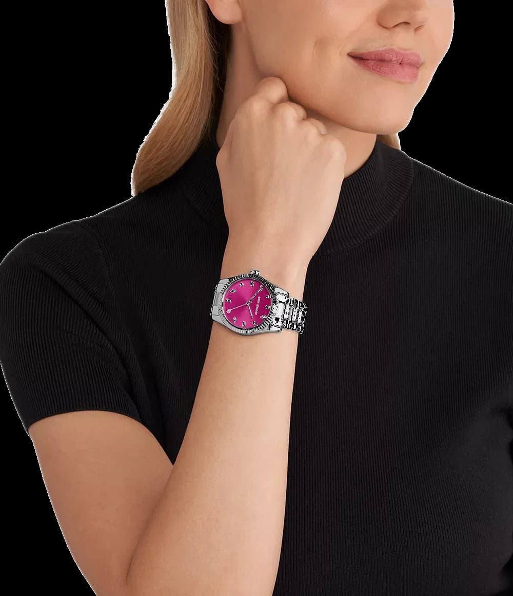 Boîtier Michael Kors MK7443 rond en acier inoxydable argenté poli avec lunette fixe