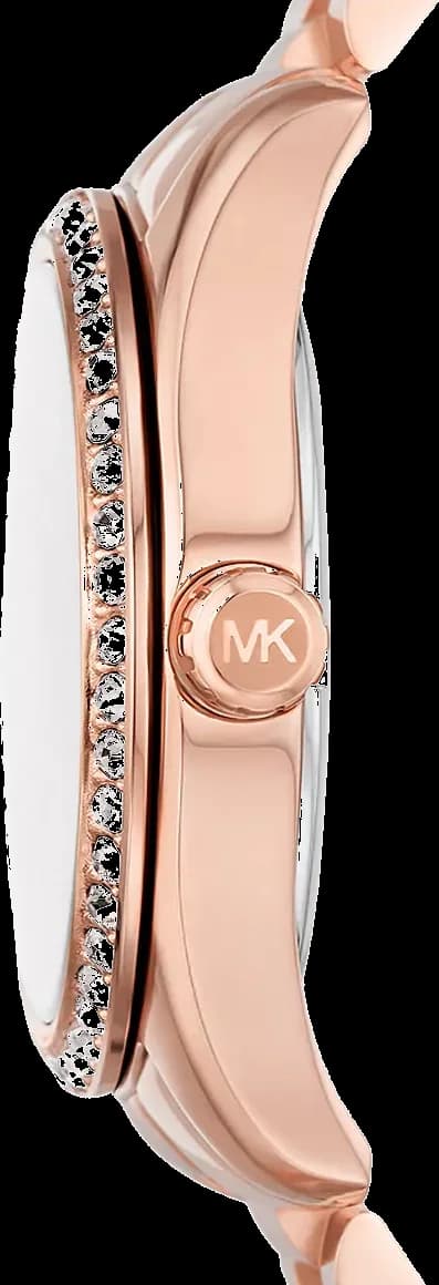 Bracelet Michael Kors MK7444 en acier inoxydable or rose, maillons polis et satinés, fermoir déployant double sécurité, confort luxueux