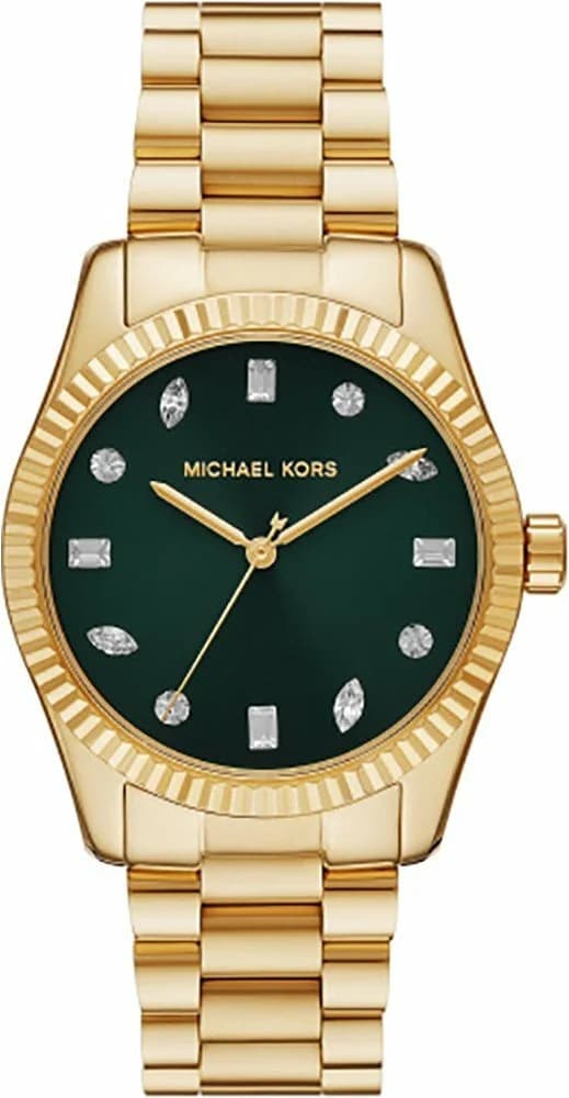Montre Michael Kors MK7449 au cadran vert pavé, style chic et bracelet acier doré, allure féminine