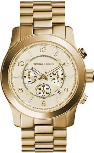 Montre Michael Kors MK8077 au cadran blanc nacré, index dorés et trotteur rouge, style chic et féminin