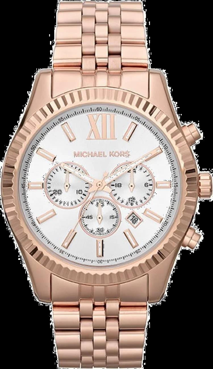 Montre Michael Kors MK8313 avec cadran blanc et index dorés sur bracelet acier or rose, style chic et lumineux