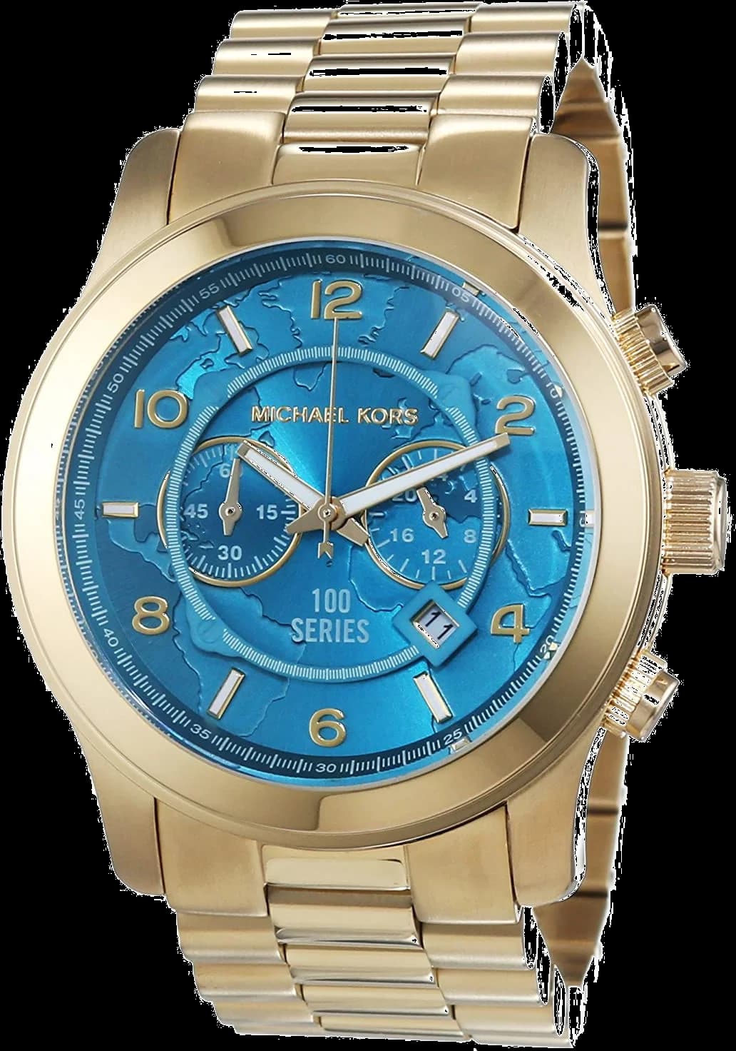 Montre Michael Kors MK8315 avec cadran turquoise et index dorés, style moderne et élégant