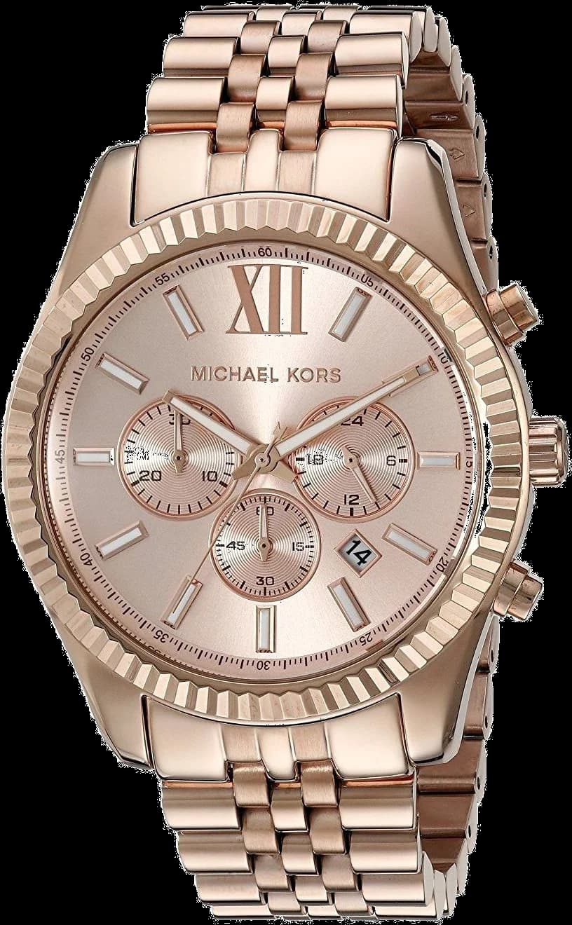 Montre Michael Kors MK8319 au cadran rose poudré avec index dorés, aiguilles et guichet date à 6h, style chic et féminin