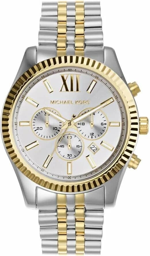 Montre Michael Kors MK8344 avec cadran argenté rayé soleil, index bâtons et aiguilles dorés, style chic et lumineux