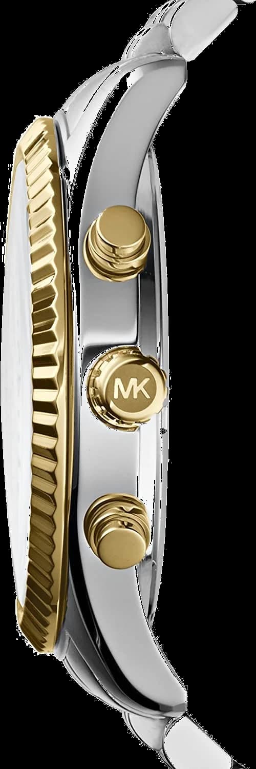 Cadran Michael Kors MK8344 affiche index appliqués dorés, aiguilles bâton, date à 3h et couronne crantée, lisibilité parfaite