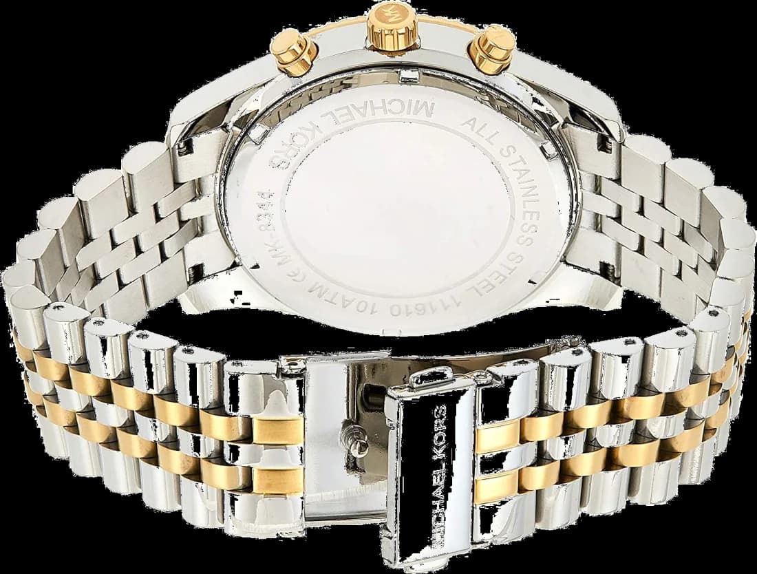 Boîtier Michael Kors MK8344 rond en acier bicolore 45mm, lunette lisse dorée, verre minéral, couronne et poussoirs élégants