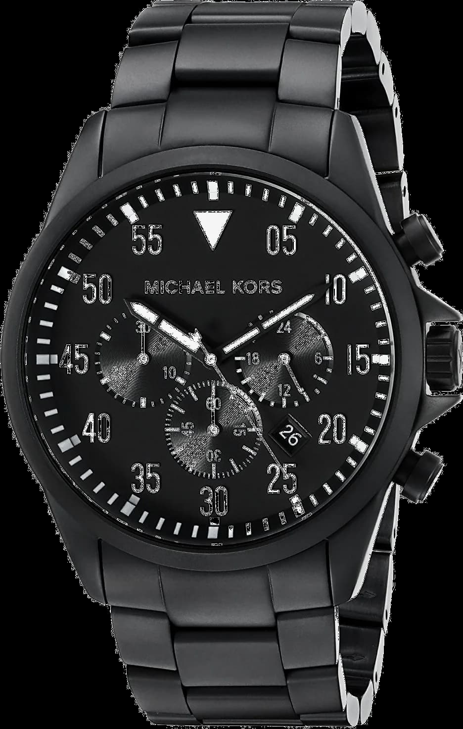 Montre Michael Kors MK8414 avec cadran noir soleil, index bâtons et aiguilles luminescentes, style aviateur chic