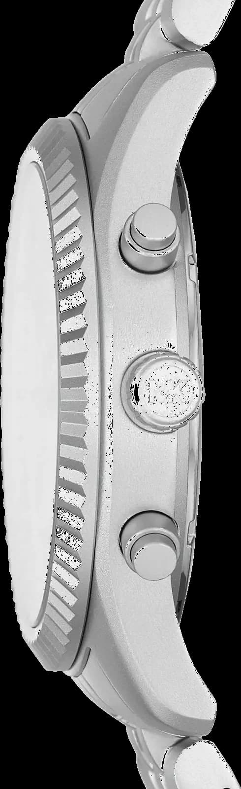Cadran Michael Kors MK8789 au cadran argenté avec trois compteurs chronographe et date à 4h, index appliqués et aiguilles squelettes