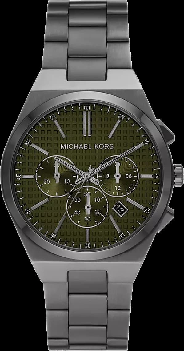 Montre Michael Kors MK9118 avec cadran vert soleil, aiguilles dorées et index bâtons sur fond anthracite