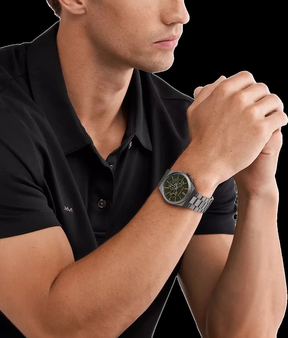 Boîtier Michael Kors MK9118 rond en acier anthracite poli et brossé, lunette lisse, vue profil épaisseur moyenne