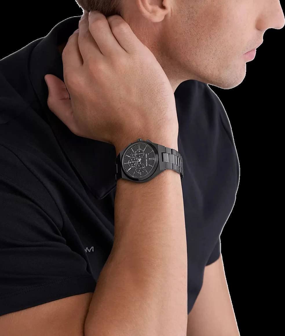 Boîtier Michael Kors MK9146 en acier inoxydable noir de 45 mm, lunette crantée, couronne protégée, verre minéral