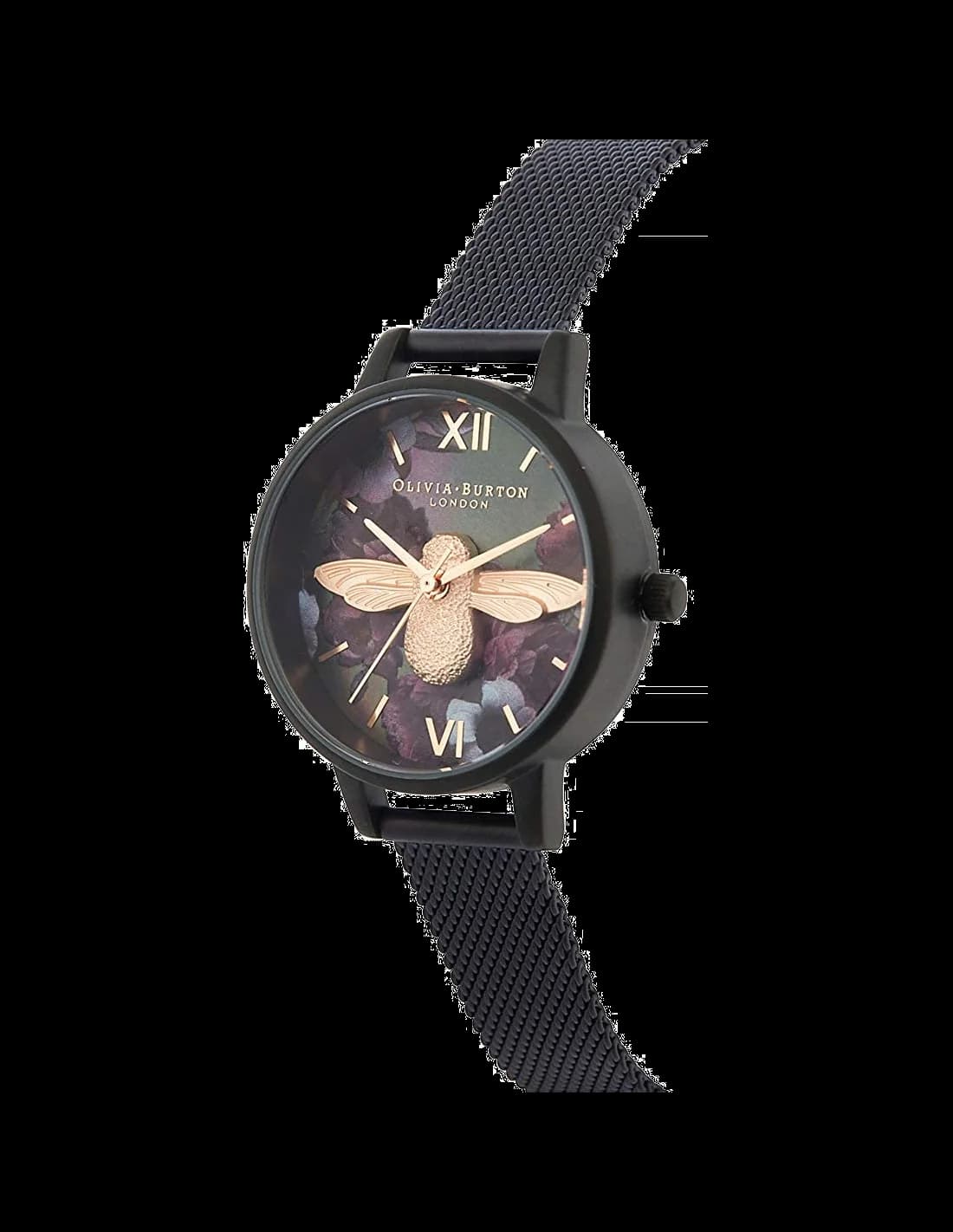 Cadran Olivia Burton OB16AD39 avec finition soleillée noire, index bâtons et aiguilles dorés, sans complications