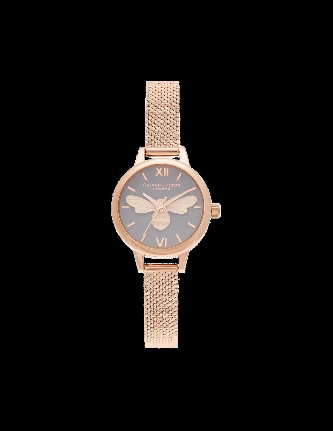 Montre Olivia Burton OB16MC54 avec cadran gris soleillé, abeille 3D en relief et maille milanaise argentée, style élégant et raffiné