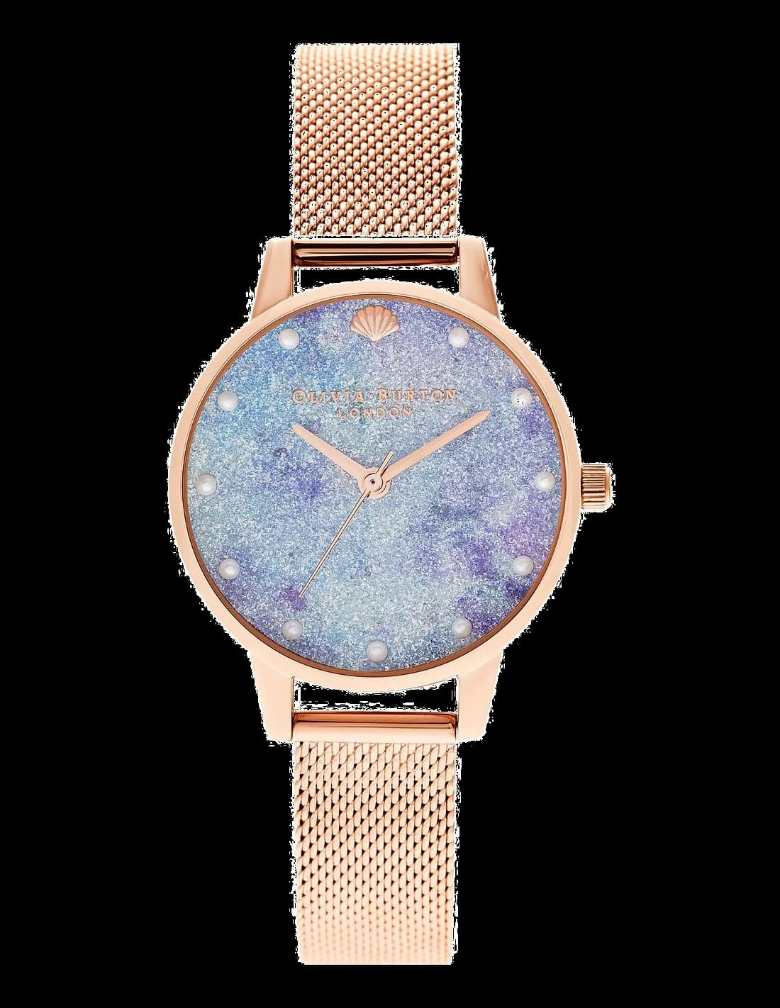 Montre Olivia Burton OB16US44 avec cadran bleu profond pailleté, acier et or rose, élégante