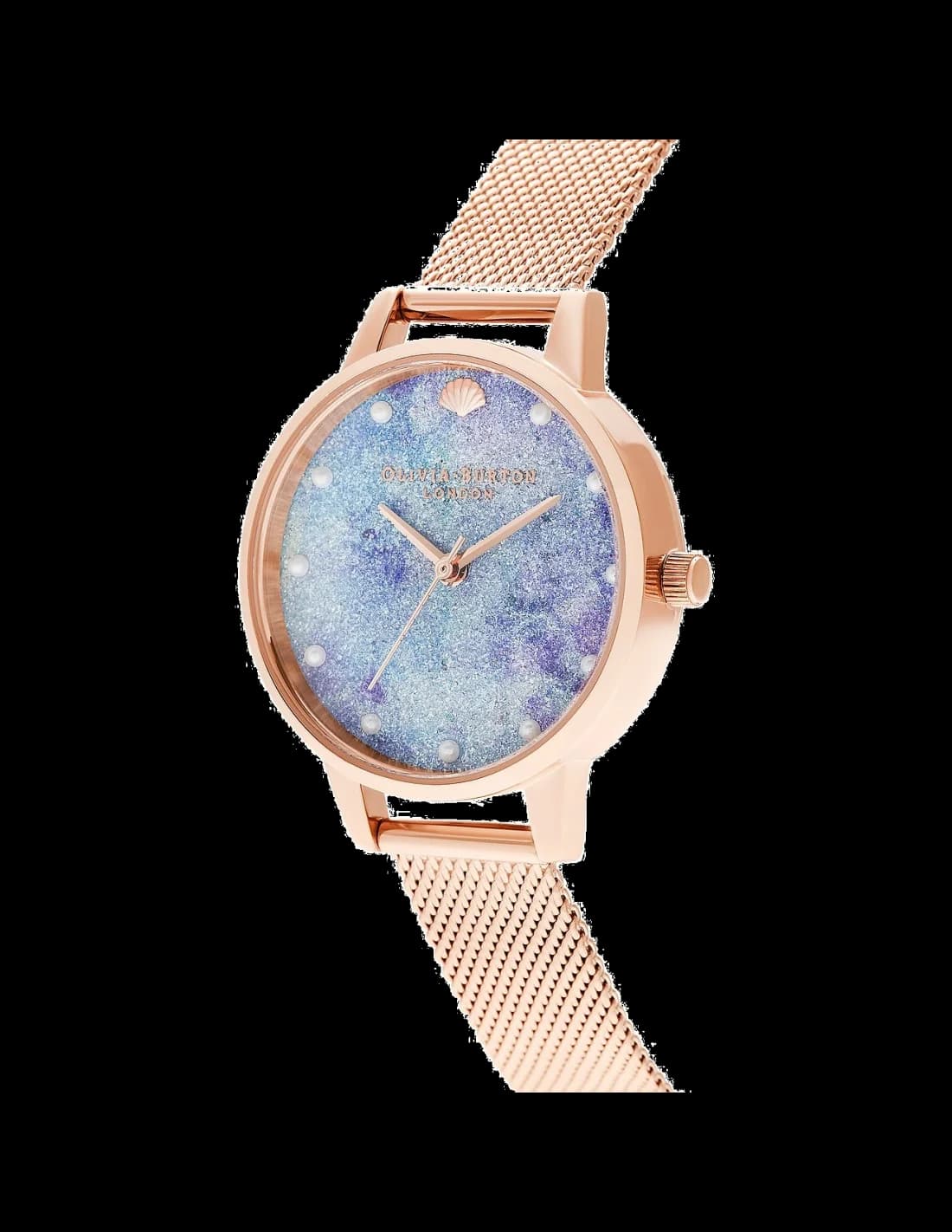 Cadran Olivia Burton OB16US44 avec index dorés, aiguilles fines, paillettes scintillantes, style raffiné