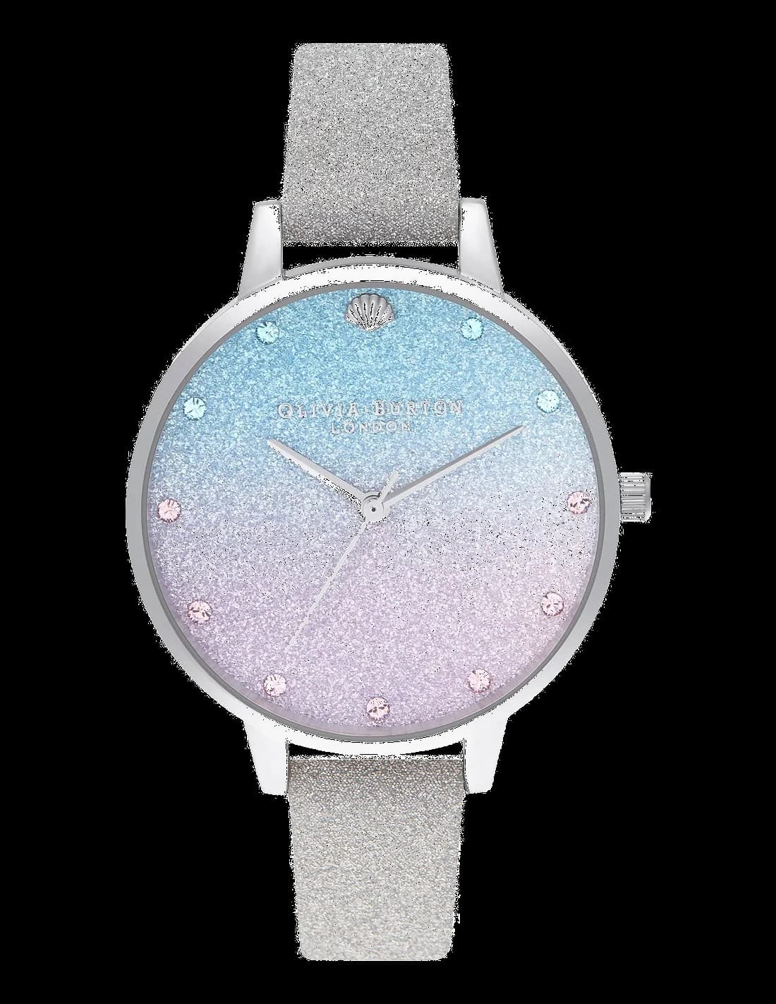 Montre Olivia Burton OB16US49 au cadran pailleté gris et bracelet cuir assorti, style élégant et raffiné