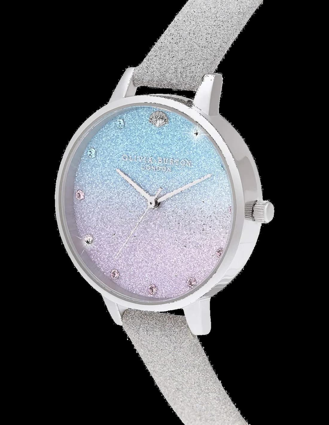 Cadran Olivia Burton OB16US49 au fini pailleté scintillant avec index discrets et aiguilles dorées, un éclat subtil