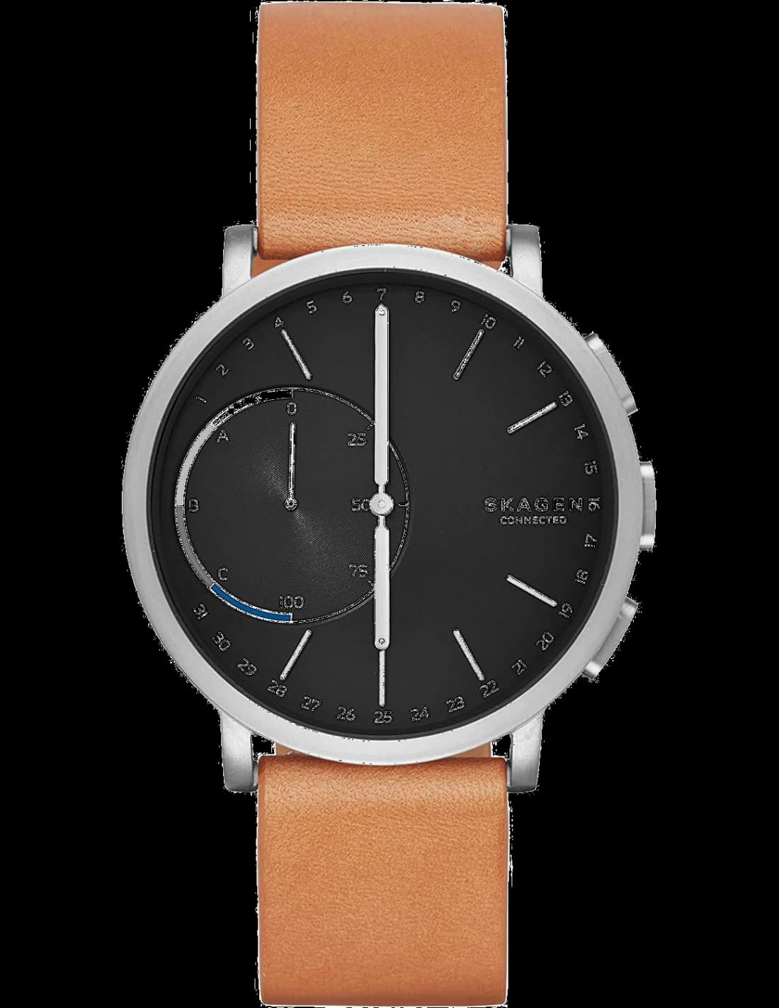Cadran Skagen SKT1104 avec index bâtons, aiguilles argentées et complications connectées discrètes