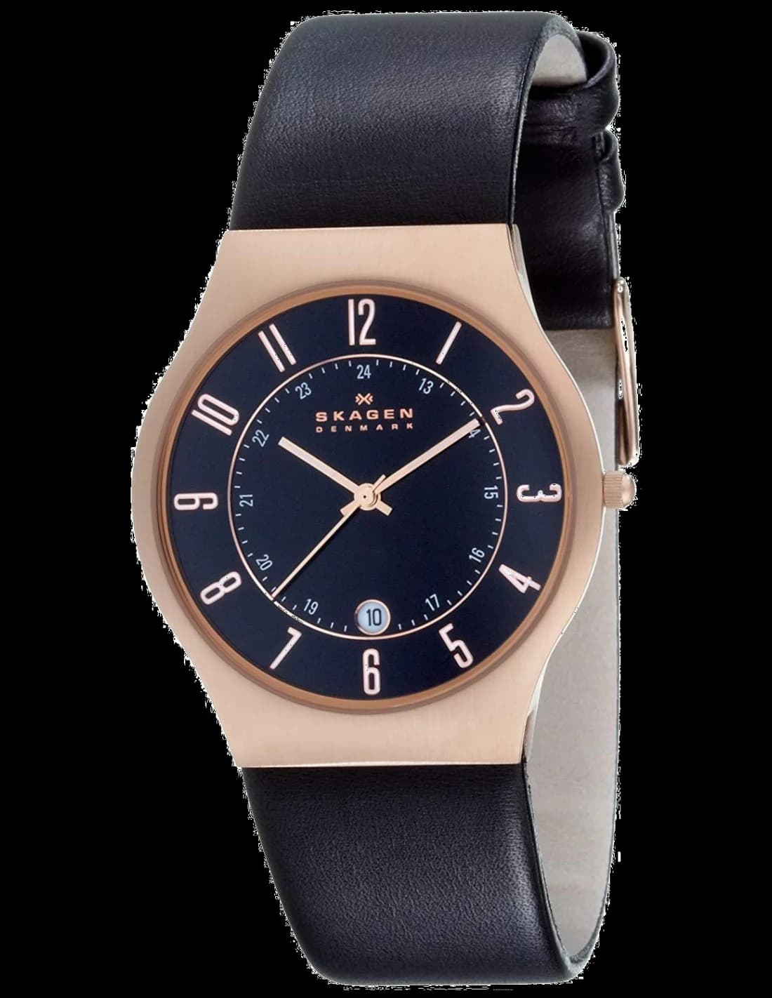Montre Skagen 233XXLRLB au boîtier or rose et cadran bleu minimaliste avec index fins