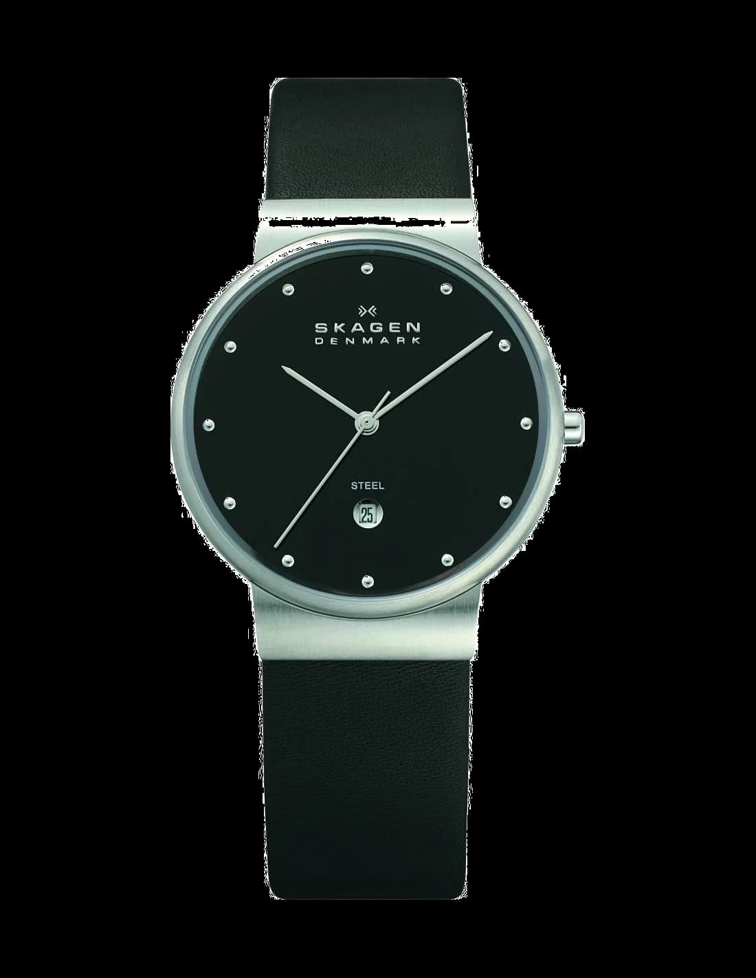Montre Skagen 355LSLB au cadran noir minimaliste et aiguilles fines, design épuré pour un style contemporain
