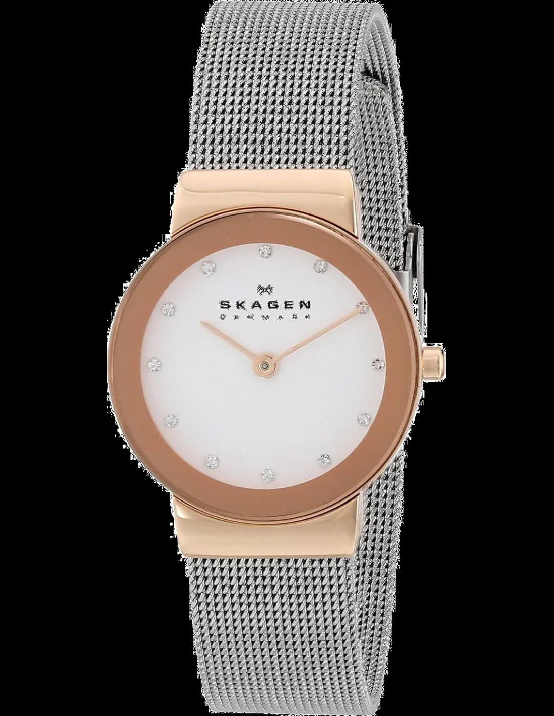 Montre Skagen 358SRSC au cadran blanc minimaliste et boîtier acier rose doré, style épuré scandinave