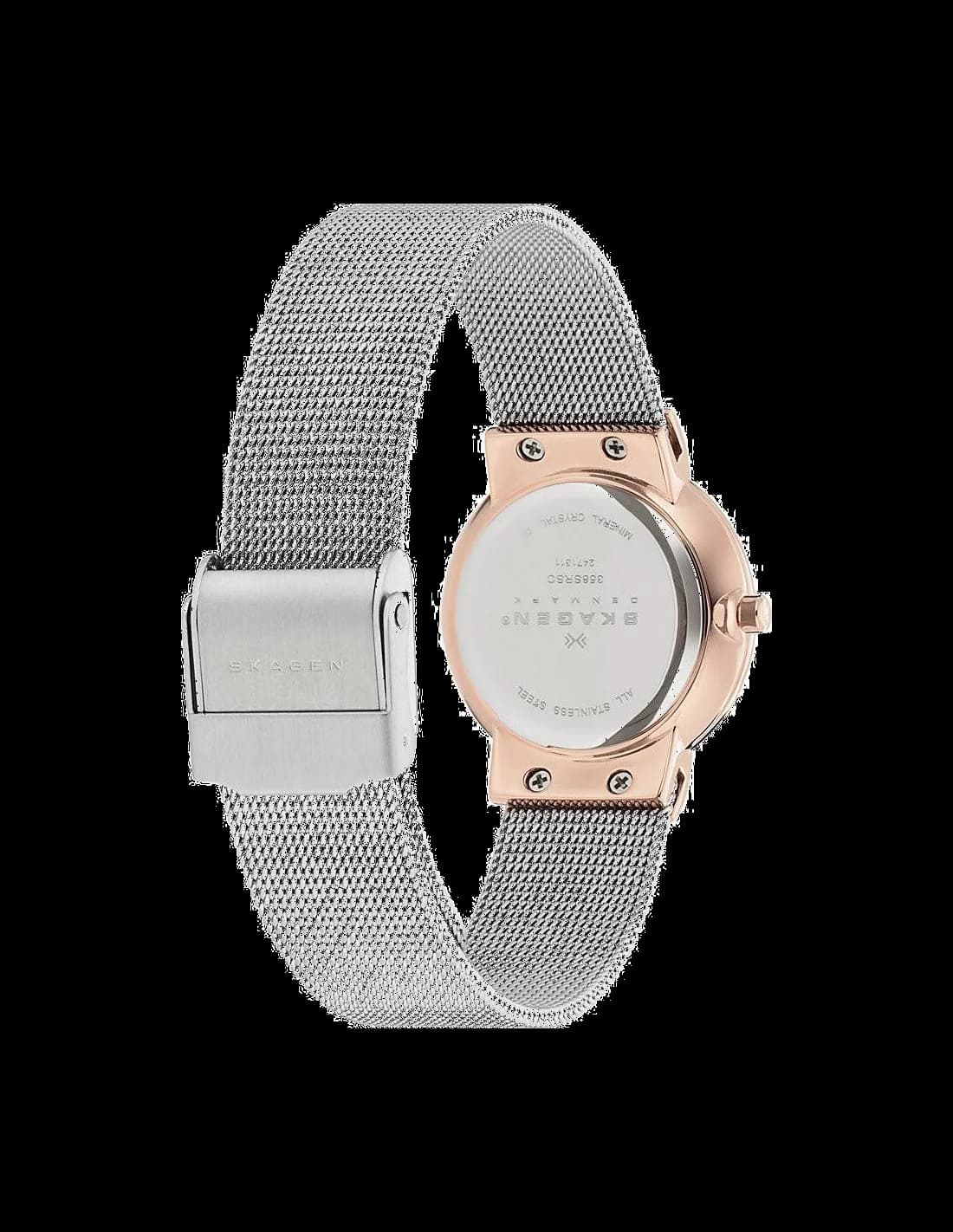 Boîtier Skagen 358SRSC rond en acier inoxydable rose doré, lunette lisse, profil fin et élégant