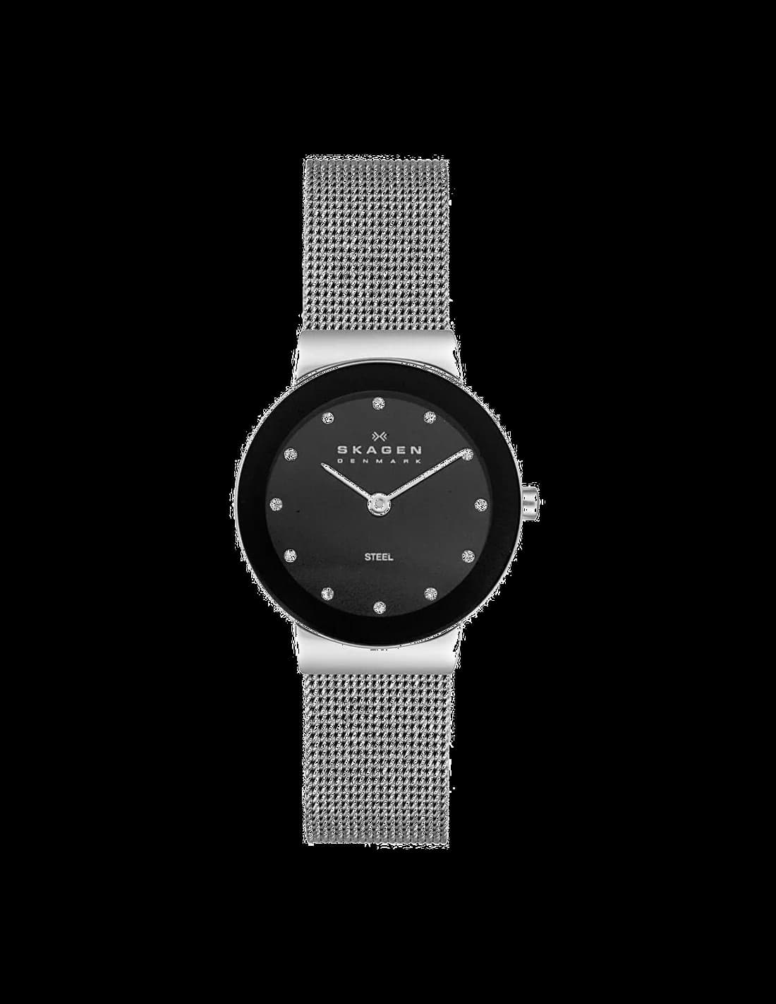 Montre Skagen 358SSSBD avec cadran blanc nacré, index dorés et aiguilles fines, style minimaliste élégant