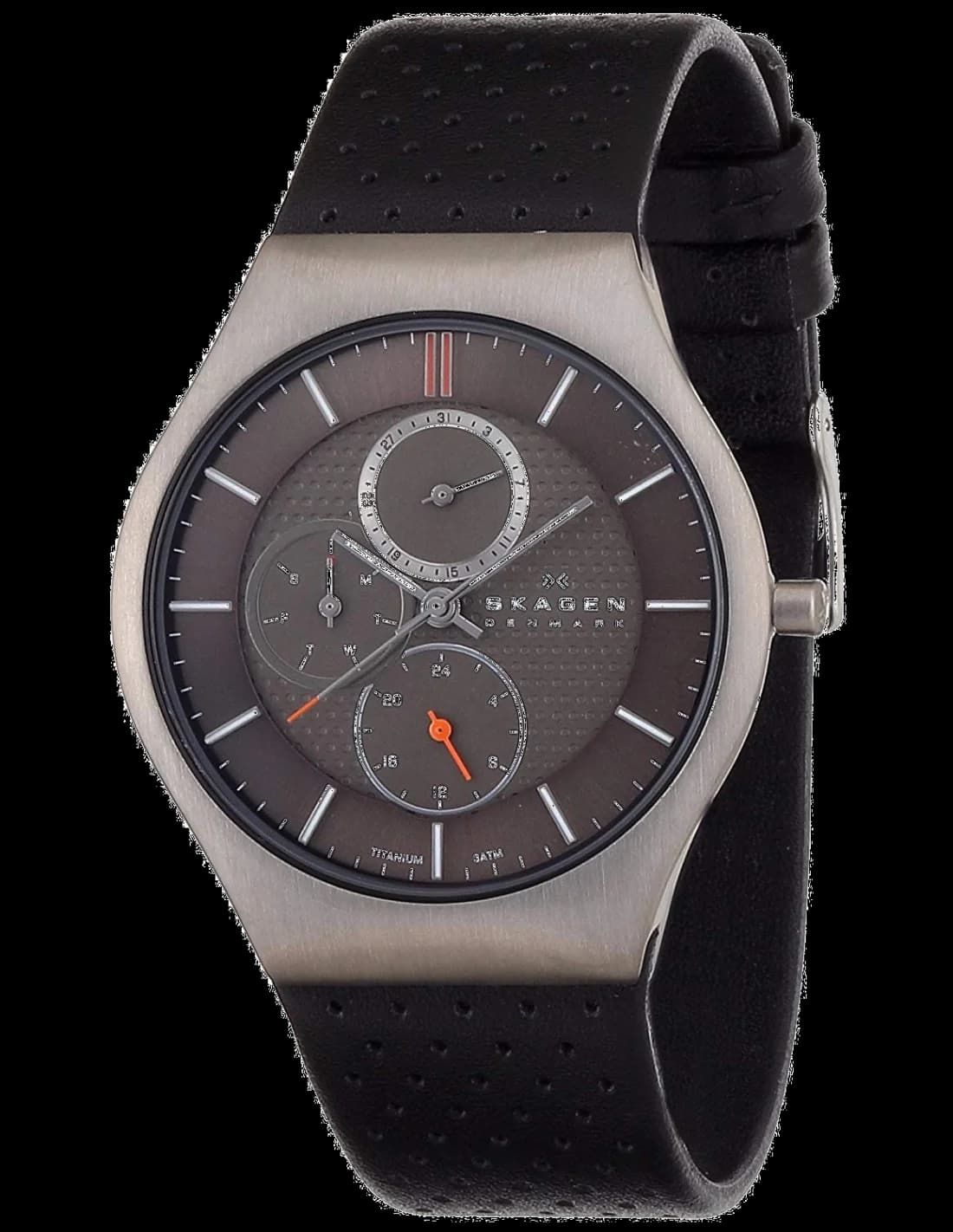 Montre Skagen 806XLTLM au cadran noir minimaliste avec finition soleillée et aiguilles argentées, style épuré et moderne