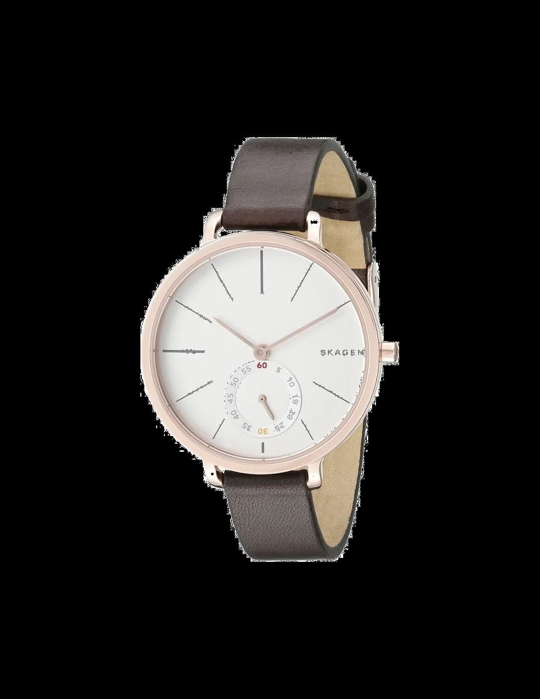 Montre Skagen SKW2356 au cadran marron soleil et aiguilles dorées fines, style minimaliste élégant