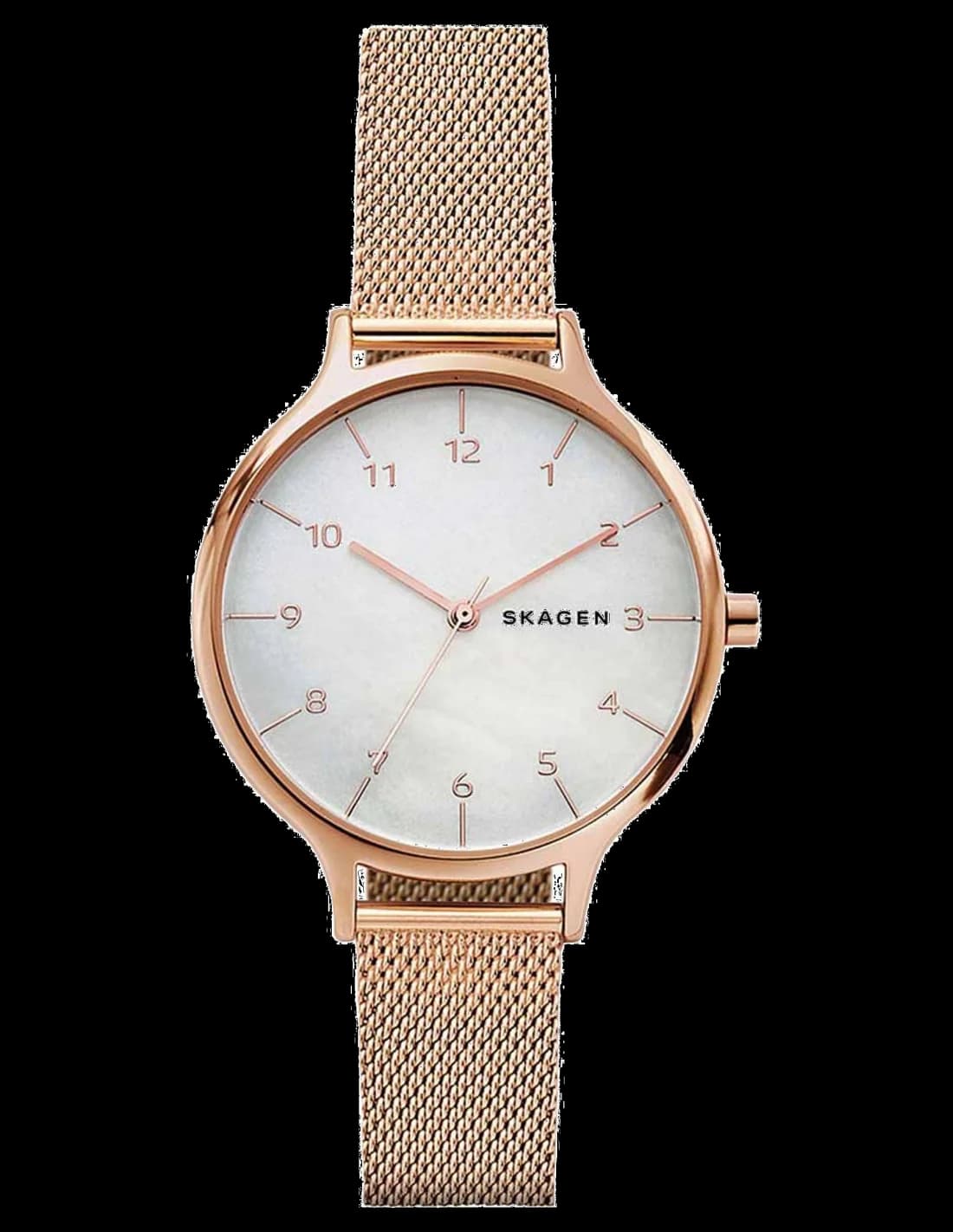 Montre Skagen SKW2633 en acier or rose avec cadran bleu soleil et style minimaliste danois
