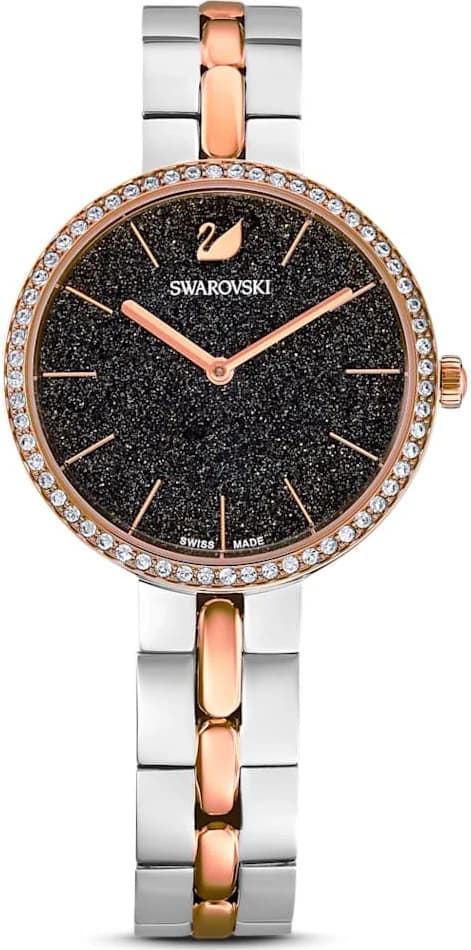 Montre Swarovski 111444 Cosmopolitan bicolore avec cadran noir poudré de diamants et aiguilles dorées