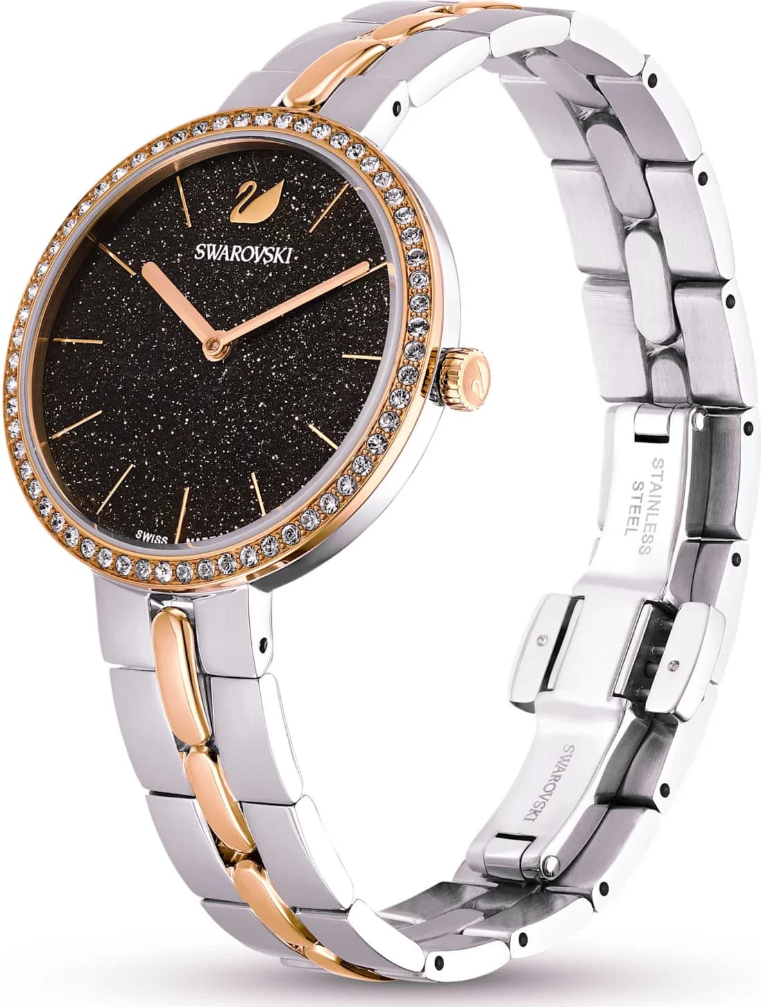 Cadran Swarovski 111444 noir poudre de diamants avec index à strass et aiguilles bicolores