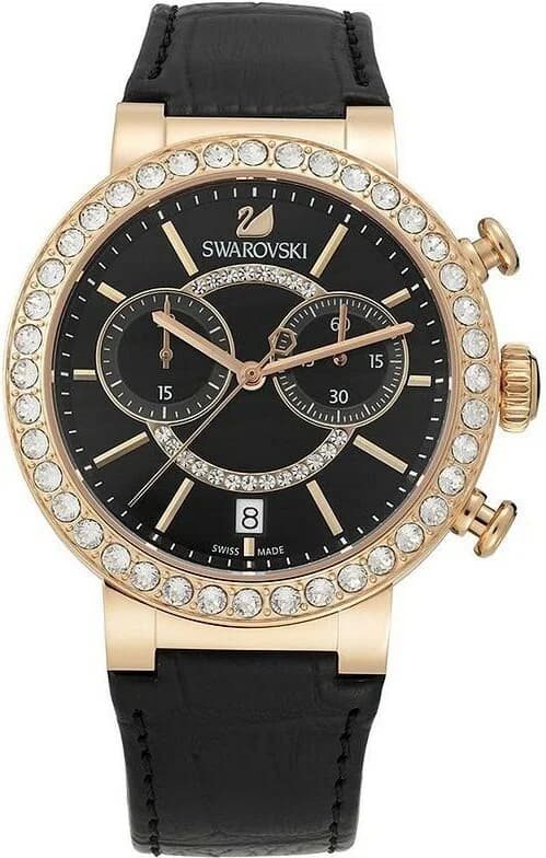 Bracelet Swarovski 5055209 en cuir noir avec boucle ardillon, texture lisse et confortable
