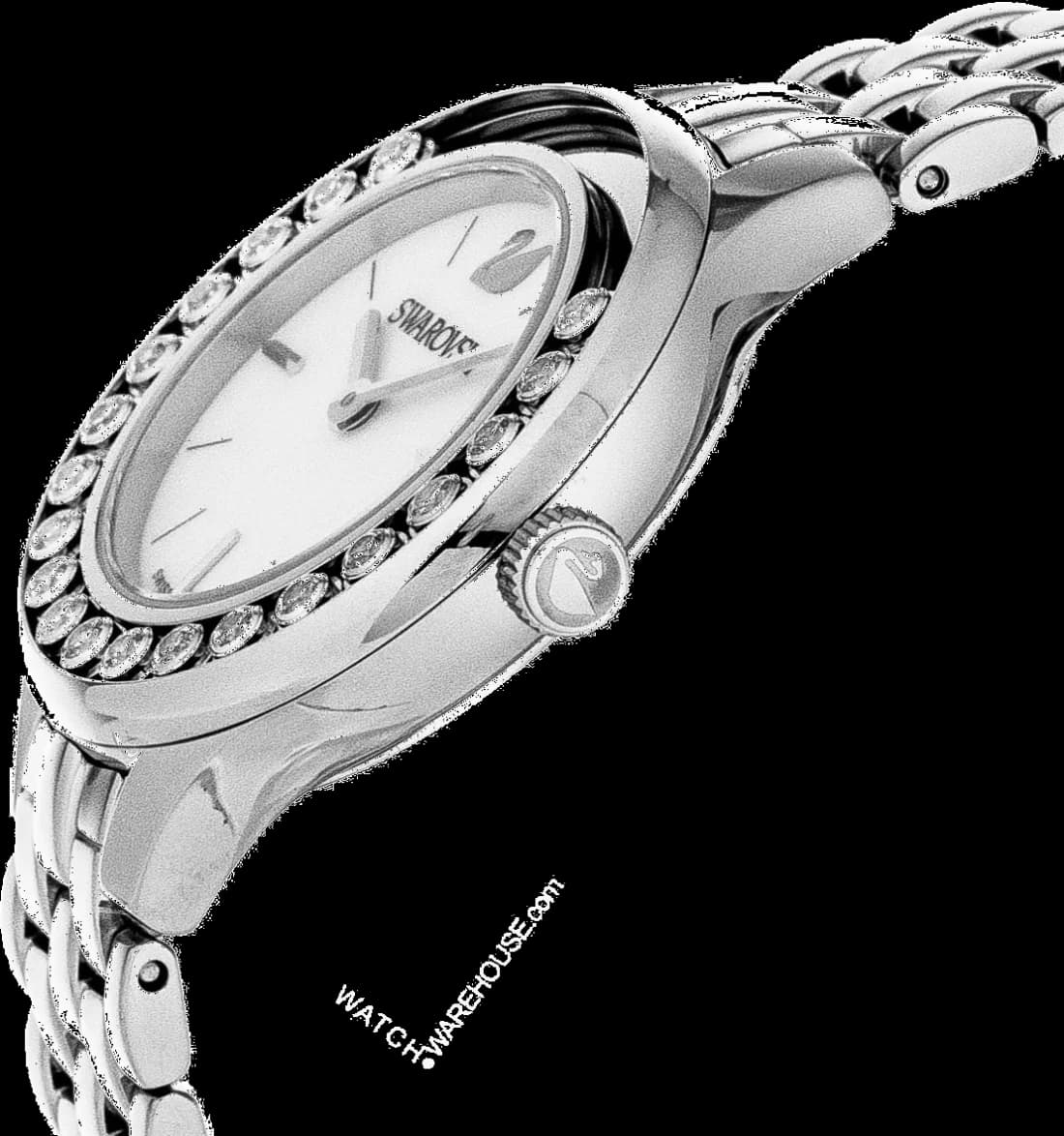 Cadran Swarovski 5242901 nacre blanc irisé, index bâtons dorés, aiguilles dauphine, date à 3h, pureté classique