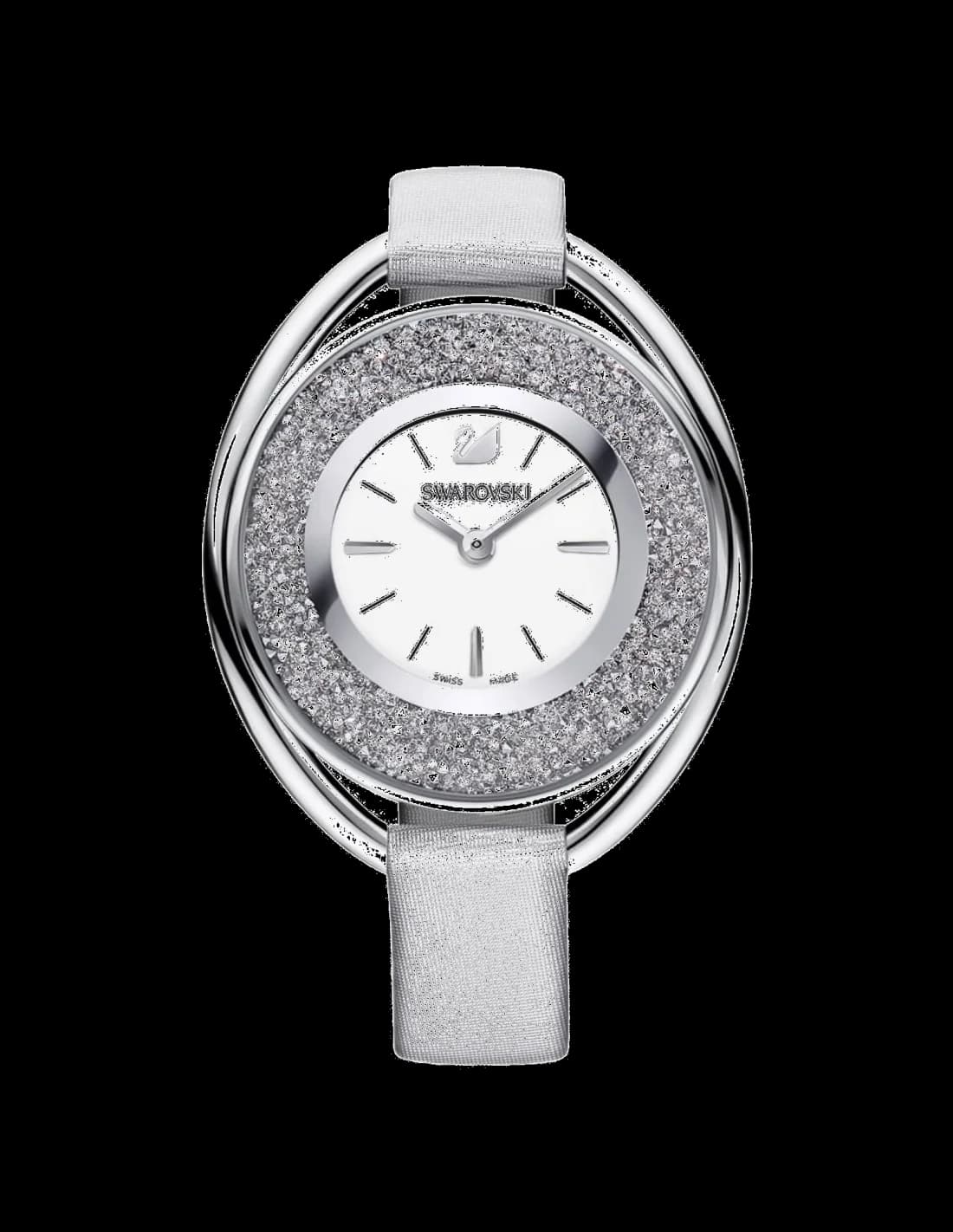 Montre Swarovski 5263907 vue principale avec cadran gris perle, index cristaux et bracelet cuir gris clair