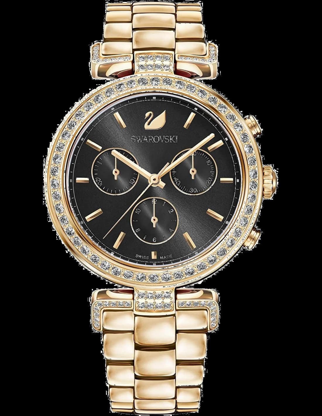 Montre Swarovski 5295366 au cadran noir profond et aux cristaux scintillants sur boîtier doré rose